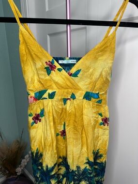 Maurices Yellow Floral Mini Dress Small with Teal & Purple Accents wrap palm